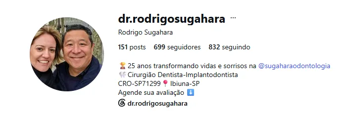 Perfil no Instagram do Dr. Rodrigo Sugahara, cirurgião dentista implantodontista