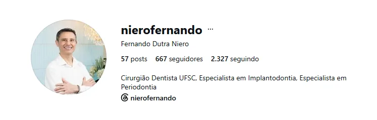 Perfil no Instagram de Fernando Dutra Niero, implantodontista