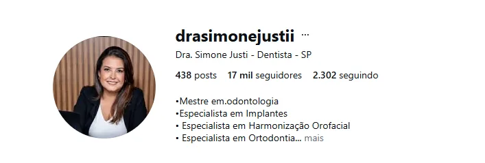 Perfil no Instagram da Dra. Simone Justi, dentista em SP