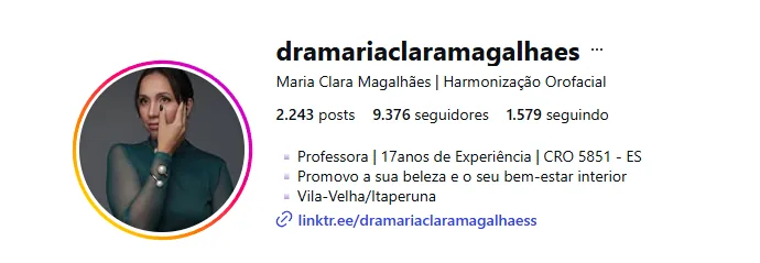 Perfil no Instagram da Dra. Maria Clara Magalhães, harmonização orofacial