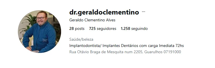 Perfil no Instagram do Dr. Geraldo Clementino Alves, implantodontista