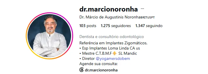 Perfil no Instagram do Dr. Márcio Noronha, referência em implantes zigomáticos