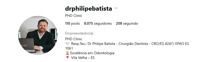 Perfil no Instagram do Dr. Philipe Batista, PHD Clinic