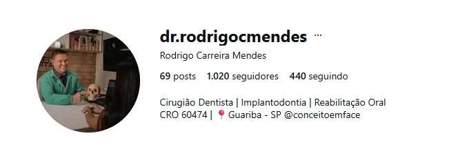 Perfil no Instagram do Dr. Rodrigo Carreira Mendes, implantodontia e reabilitação oral