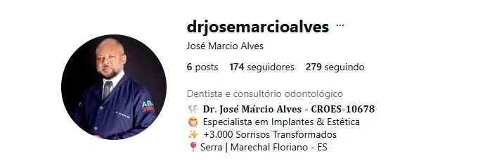 Perfil no Instagram do Dr. José Márcio Alves, especialista em implantes