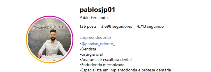 Perfil no Instagram do Dr. Pablo Fernando, implantodontista