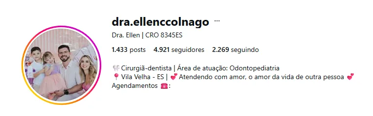 Perfil no Instagram da Dra. Ellen Colnago, odontopediatra