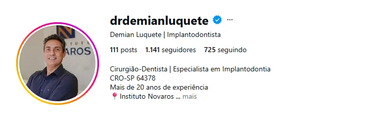 Perfil no Instagram do Dr. Demian Luquete, implantodontista